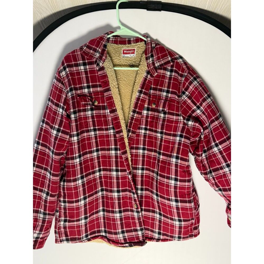 Wrangler Mens L Large Red Plaid Sherpa Lined Flannel Shirt Jacket Western